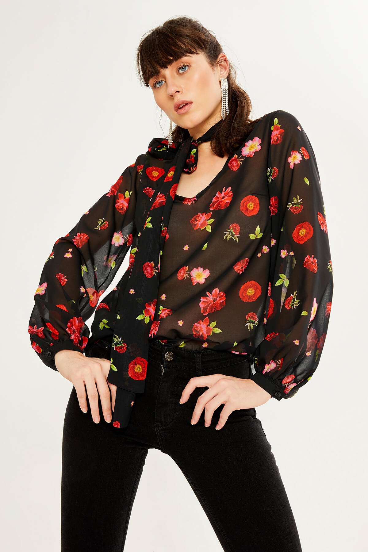 ROXY Çiçek Desenli Siyah Şifon Bluz