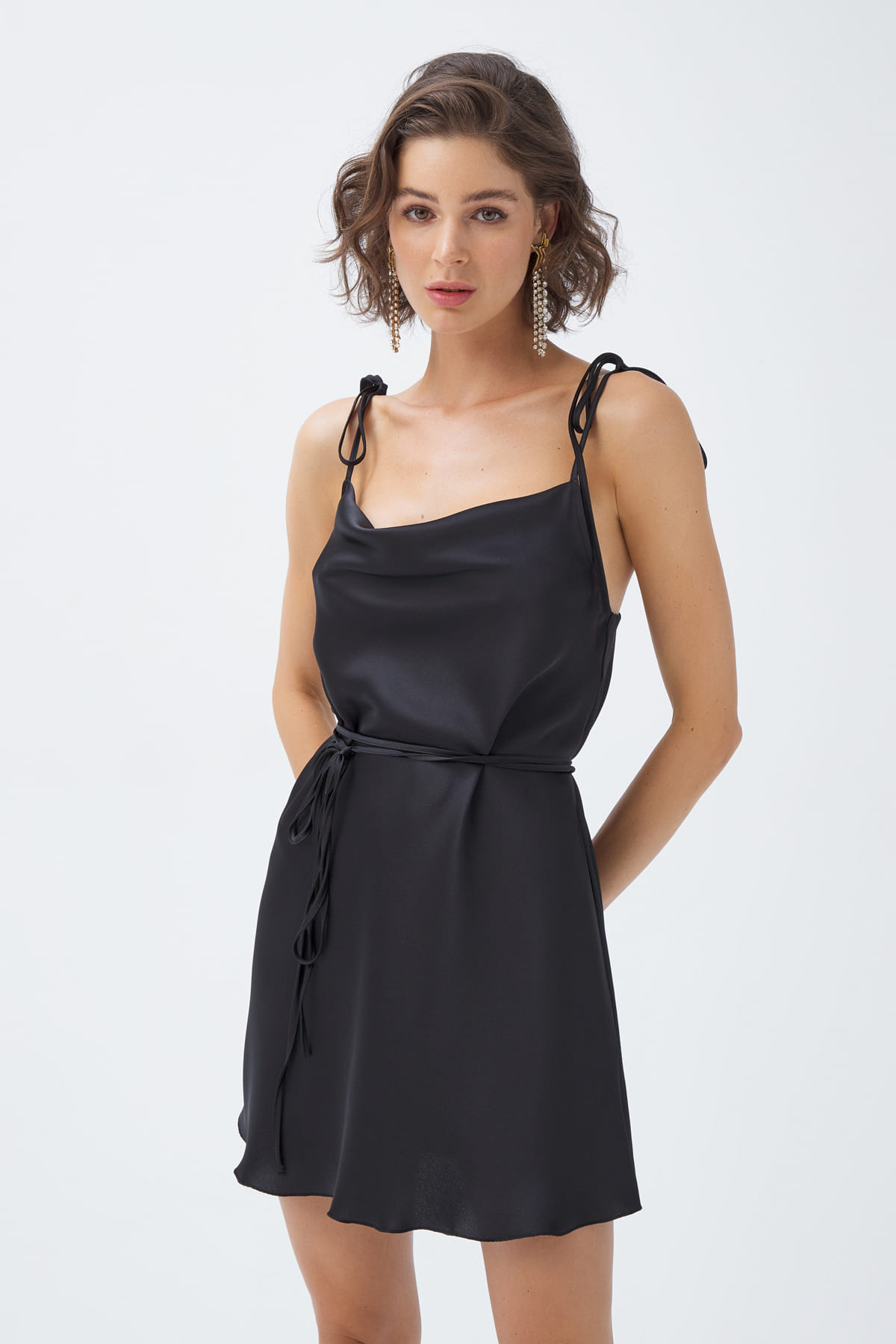 LORENA Siyah Mini Saten Slip Elbise