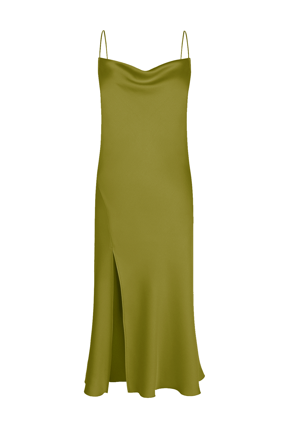 PAMELA Slit Detailed Satin Green Slip Dress