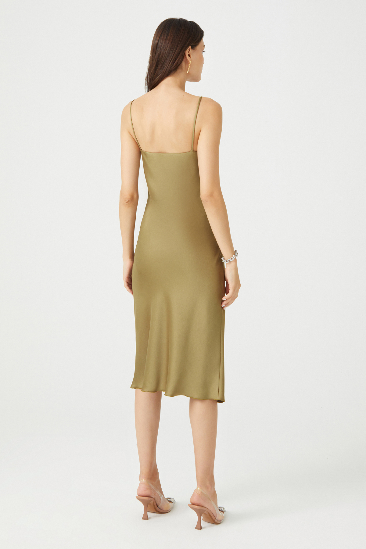 PAMELA Slit Detailed Satin Green Slip Dress