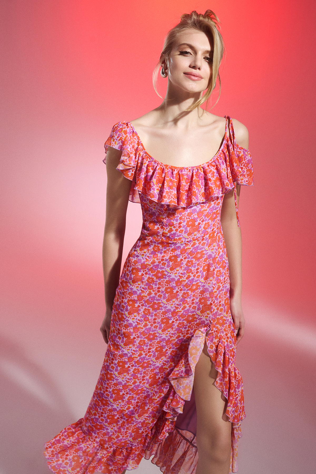 CARMINE Floral Print Ruffle Chiffon Midi Dress