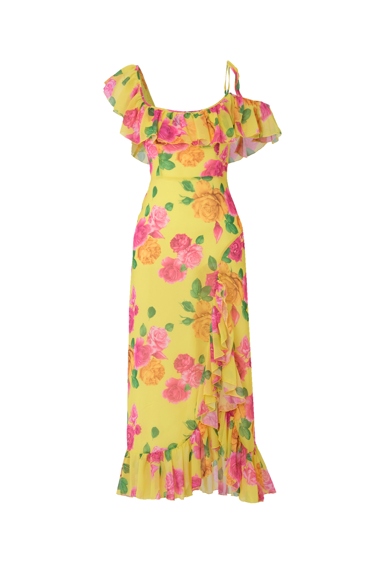 CARMINE Floral Print Yellow Chiffon Midi Dress