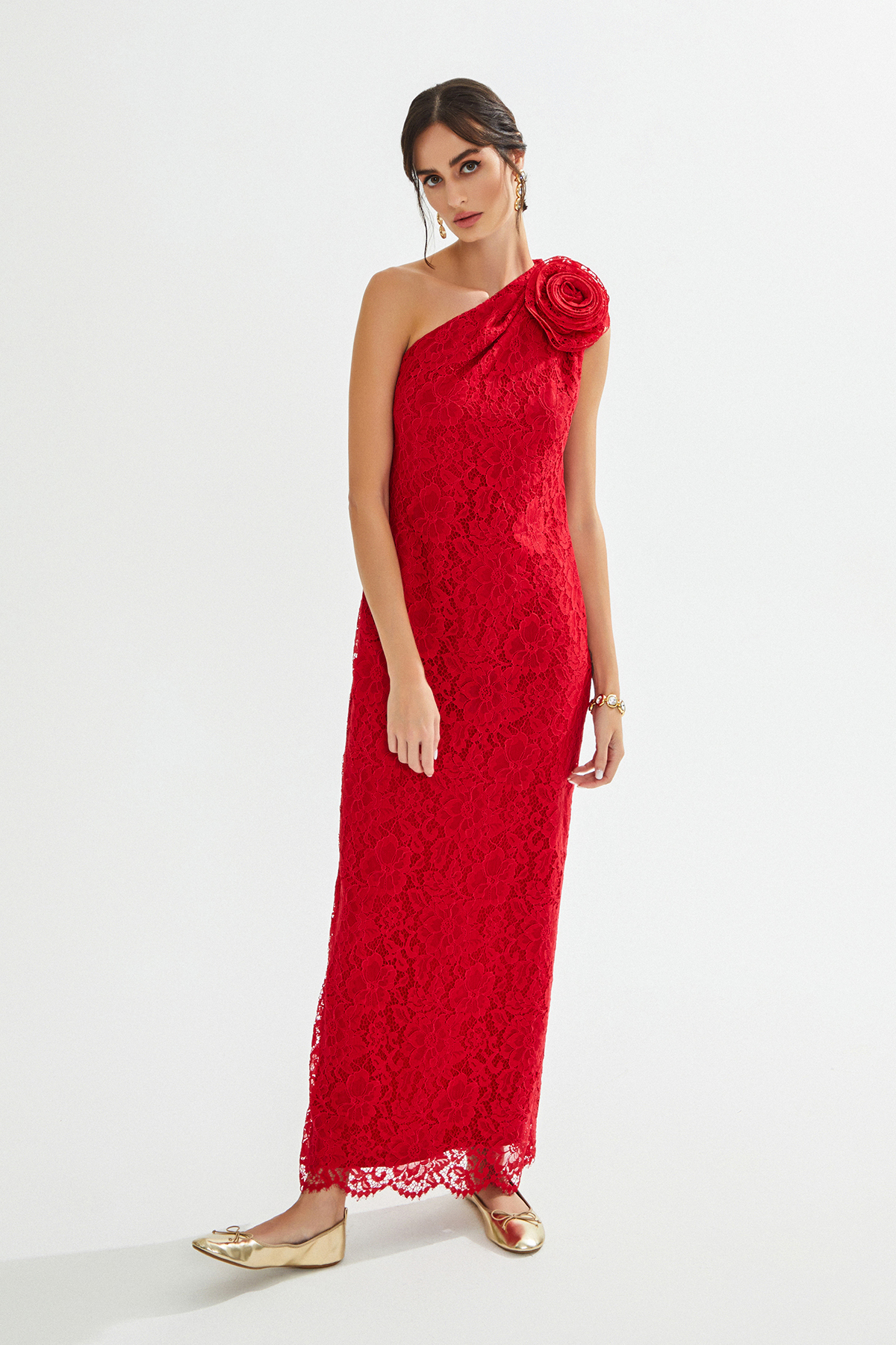  GENNIE One Shoulder Red Lace Maxi Dress